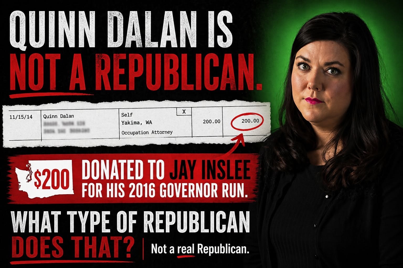 Graphic highlighting a Washington Public Disclosure Commission record of Quinn Dalan's 200-dollar contribution to Jay Inslee's campaign.